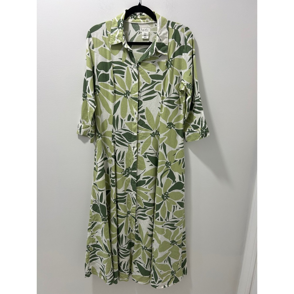 Nicole Miller New York Green Floral Linen Blend Midi Shirt Dress Pockets Sz M